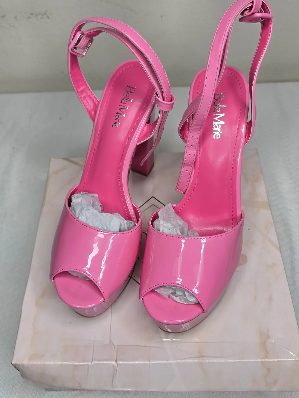 Bella Marie Pink Patent Platform Ankle Strap Buckle Open Toe Block Heel US 10